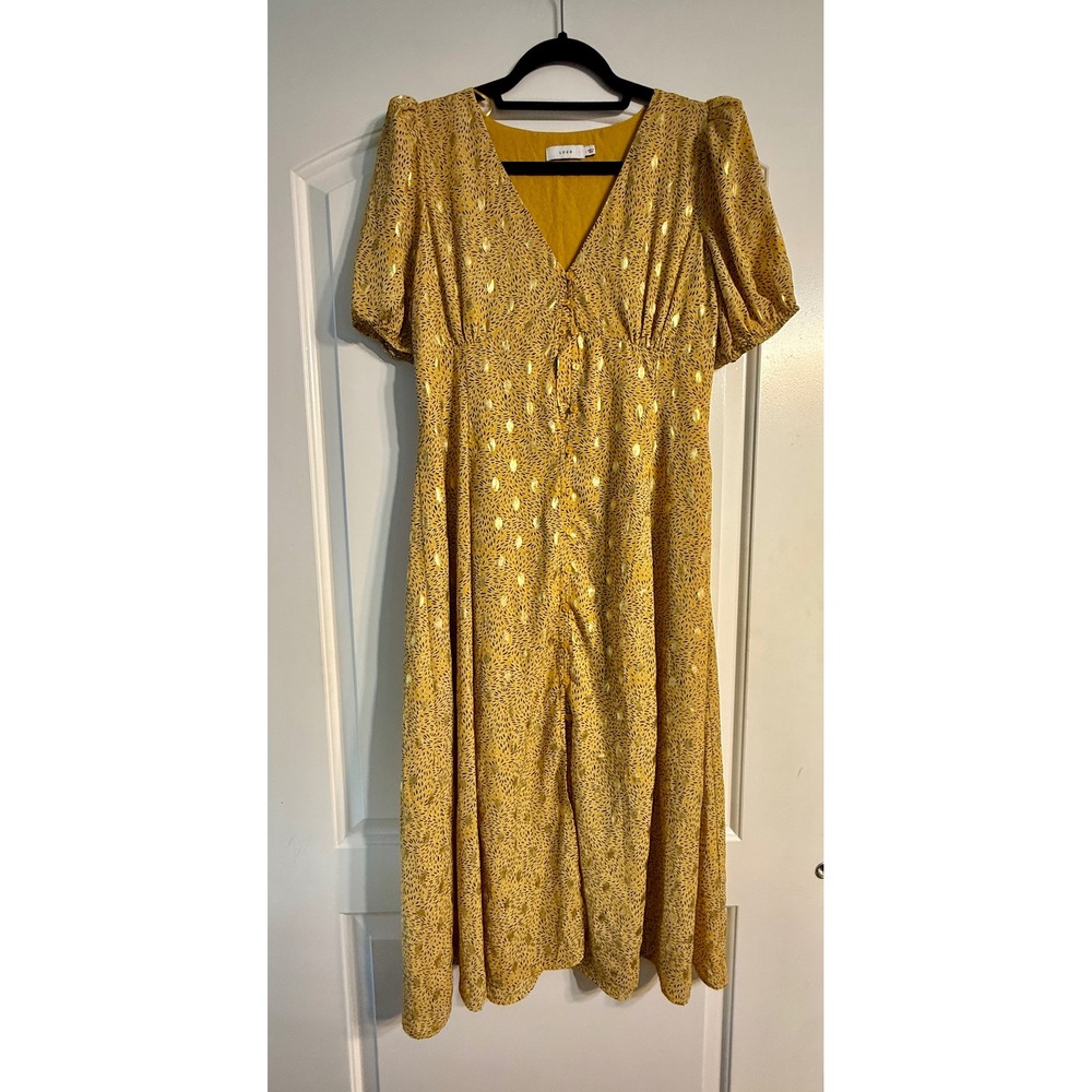 Lush Midi Dress Small Mustard Gold Foil V-Neck Puff Sleeve Boho Whimsigoth
